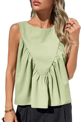 Solid Color Round Neck Sleeveless Pleated Loose Vest