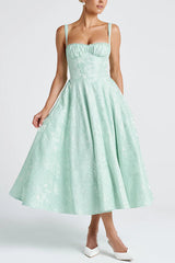 Palace Style Jacquard Fabric Backless Tie Slim Midi Dress