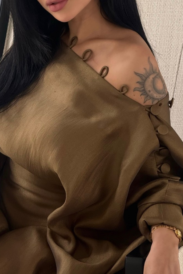 Solid Color Button-down Collar Elegant Kaftan Robe Maxi Dress