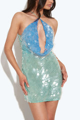 Fashion Sexy Sequined Backless Halter Neck Slim Fit Mini Dress