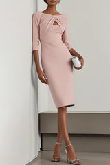 Solid Color Round Neck Hollowed-out Slim-fit Elegant Midi Dress