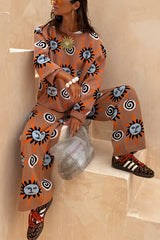 Mediterranean Art Knit Unique Sun Vortex Print Long Sleeve Relaxed Sweater