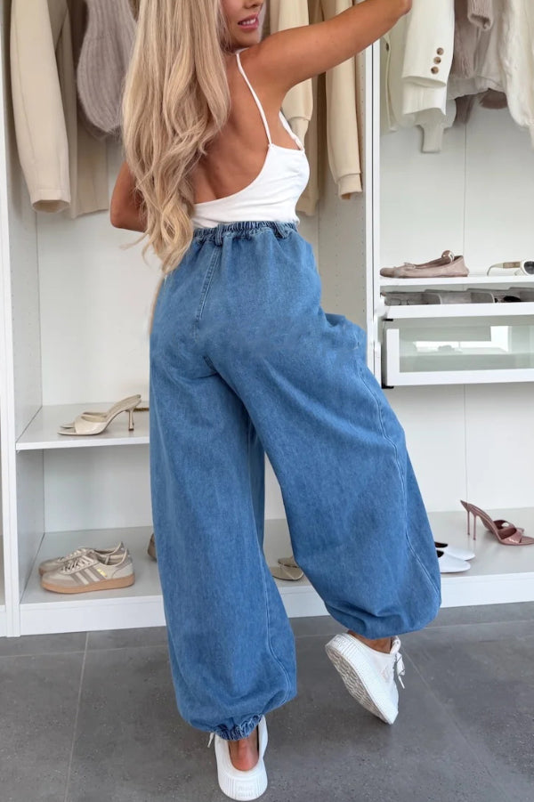 Stylish Denim High Rise Elastic Waist Pocket Loose Lantern Jeans