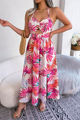 Plant Print Halter Neck Hollow Holiday Beach Midi Dress