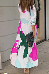 Abstract Art Print Pocket Button Long Sleeve Maxi Dress