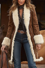 Stylish Suede and Plush Patchwork Loose-fitting Long-sleeved Mid-length Coat