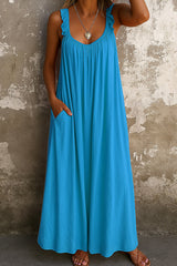 Solid Color Casual Ruffle Suspender Loose Pocket Maxi Dress