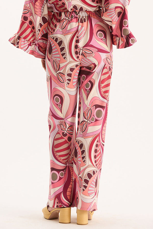 Sarah Unique Print High Neck Ruffle Bell Sleeve Top and Elastic Waist Pocket Loose Pants Set