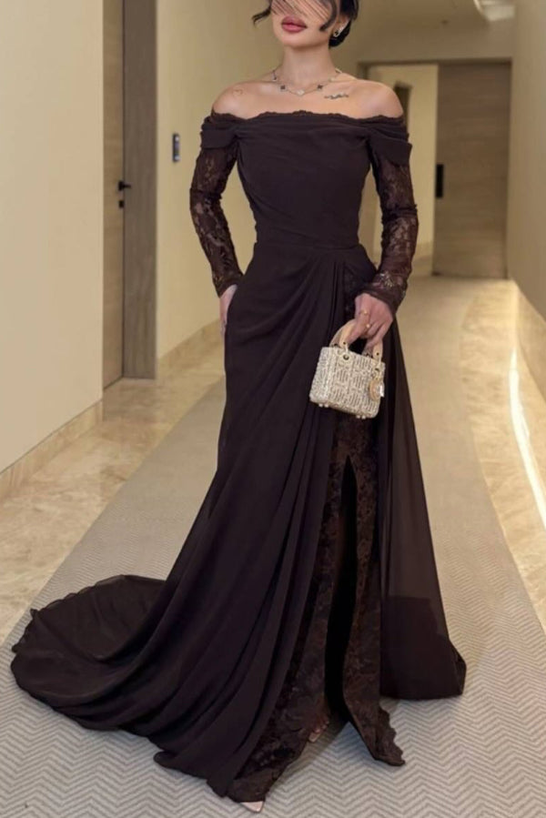 Elegant Patchwork Lace Off-shoulder Long-sleeved Slim-fit Maxi Dress