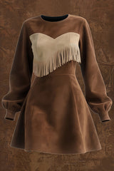 Stylish Color-blocked Tassel Suede Long-sleeved Mini Dress