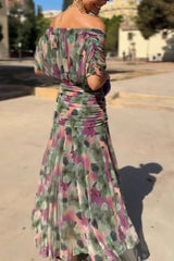 Unique Printed V-Neck Waisted Mesh Holiday Maxi Dress