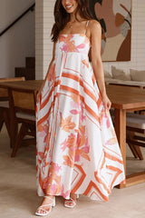 Botanical Print Halter Square Neck Pleated Loose Maxi Dress