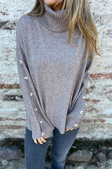 Solid Color Casual Turtleneck Button Decoration Long Sleeve Loose Knit Sweater