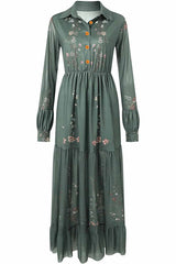 Bohemian Floral Print Lapel Long-sleeved Maxi Dress