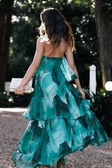 Sweet and Charming Printed Strapless Drop Tiered Ruffle Maxi Dress