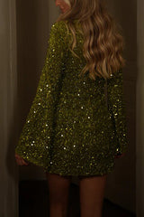 Dora Velvet Sequin High Neck Long Bell Sleeve H-line Mini Dress