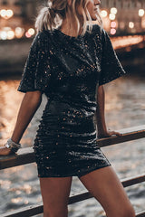 Countdown Celebration Sequin Short Bell Sleeve Open Back Ruched Mini Dress