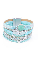 Bohemian Leather Cord Multi-layered Raw Stone Heart Bracelet