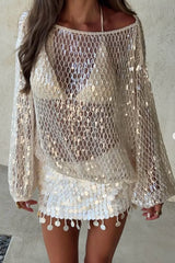 Maja Knit Sequin Hollow Out Wide Neck Balloon Sleeve Loose Cover-up Top