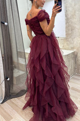Pretty First Impression Tulle Off Shoulder Tiered Ruffle Evening Maxi Dress