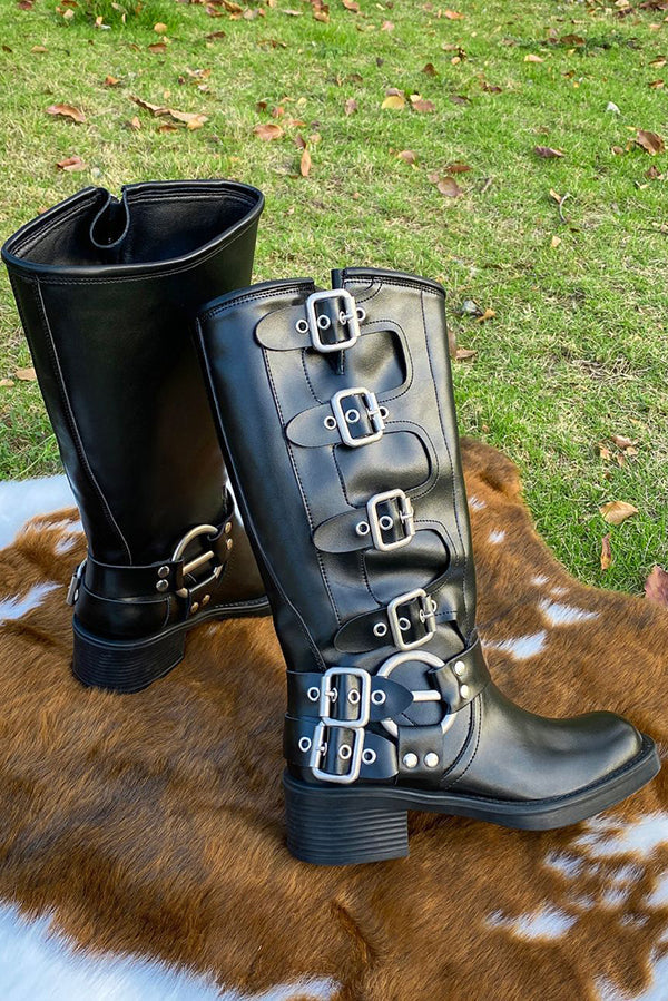 Vintage Belt Buckle Chunky Heeled Long Biker Boots