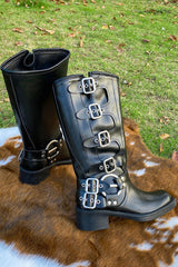 Vintage Belt Buckle Chunky Heeled Long Biker Boots