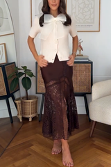 Cozy Sweet Darling Satin Lace Patchwork Mid Rise Slit Maxi Skirt