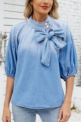 Fashion Loose Bow Lantern Sleeve Casual Denim Shirt