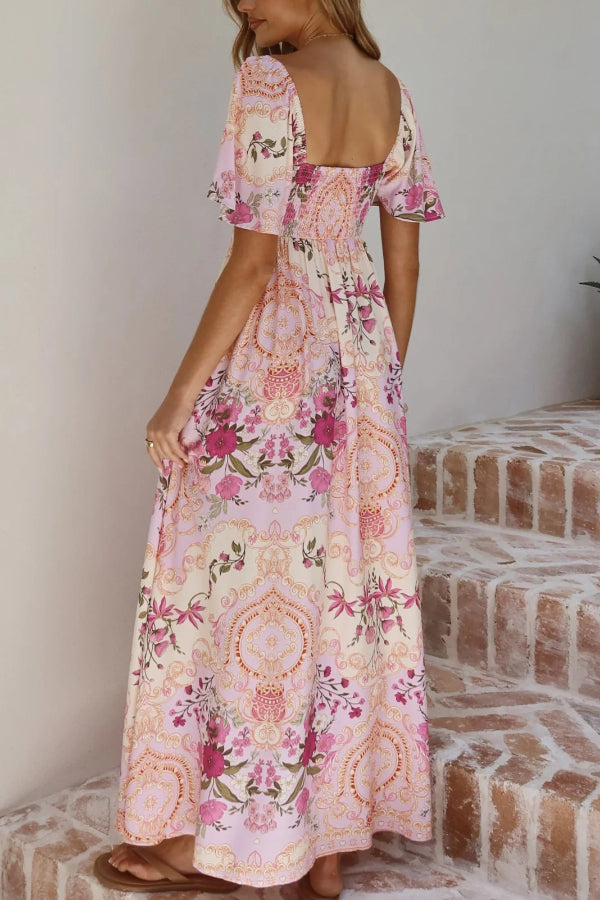 Plant Print Short-sleeved Square Neck Casual Pocket Holiday Midi Dress