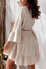 Linen Blend Solid V-Neck Bell Sleeve Casual Mini Dress