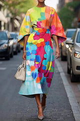 Unique Print Batwing Sleeve Waisted Casual Midi Dress