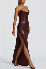 Alba Faux Leather Pleated Off Shoulder Neck Slit Stretch Maxi Dress