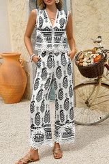 Bohemian Style Unique Print V-neck Sleeveless Top and Elastic Waist Casual Pocket Wide-leg Pants Set