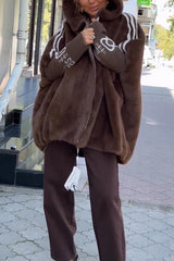 Fashion Sports Stripe Print and Ribbed Embroidered Long Sleeve Zipper Pocket Hooded Plush Coat