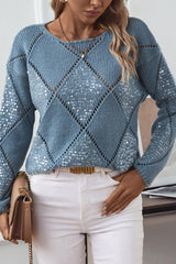 Fashionable Hollow Sequined Loose Rhombus Knitted Sweater
