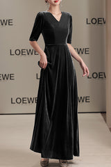 Solid Color Velvet V-neck Fitted Waist Short Sleeve Elegant Maxi Dress