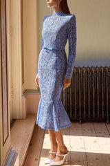 Feminine and Elegant Flower Lace Long Sleeve Bow Belted Flare Midi Dress