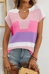 Fashionable Contrasting Color Casual Short-sleeved Loose Sweater