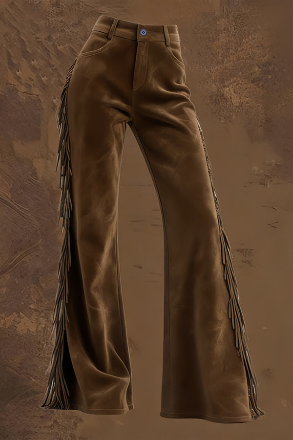 Stylish Suede High-wsted Fringed Casual Flared Pants