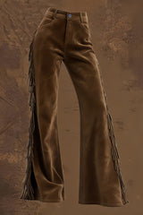 Stylish Suede High-wsted Fringed Casual Flared Pants