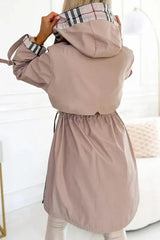 Fashionable Hooded Long-sleeved Zipper Plaid Casual Mid-length Jacket