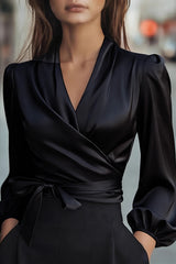 Satin V-neck Long-sleeved Casual Tie-wst Shirt