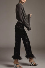 New Year Eve Sequin Feather Trim High Rise Back Zipper Flare Pants