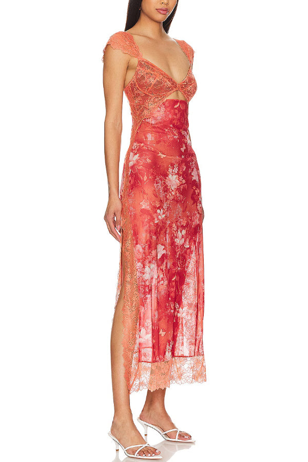 Floral Print Lace Patchwork Hollow-out Slim-fit Midi Dress