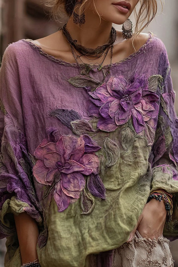 Bohemian Floral Print Round Neck Long-sleeved Loose Top