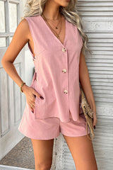Solid Color Holiday Style V-neck Button Vest and Elastic Waist Casual Pocket Shorts Set