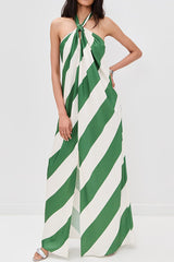 Most Dreamy Stripe Print Halter Tie-up Backless Pocket Loose Maxi Dress
