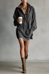 Fashionable Loose-fitting Long-sleeved Shirt-style Retro Mini Dress
