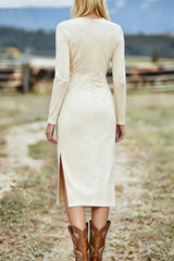 Solid Color Round Neck Long-sleeved Suede Slim-fit Tassel Midi Dress