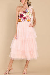 Midnight Garden Embroidered Floral Applique One Shoulder Tiered Tulle Midi Dress